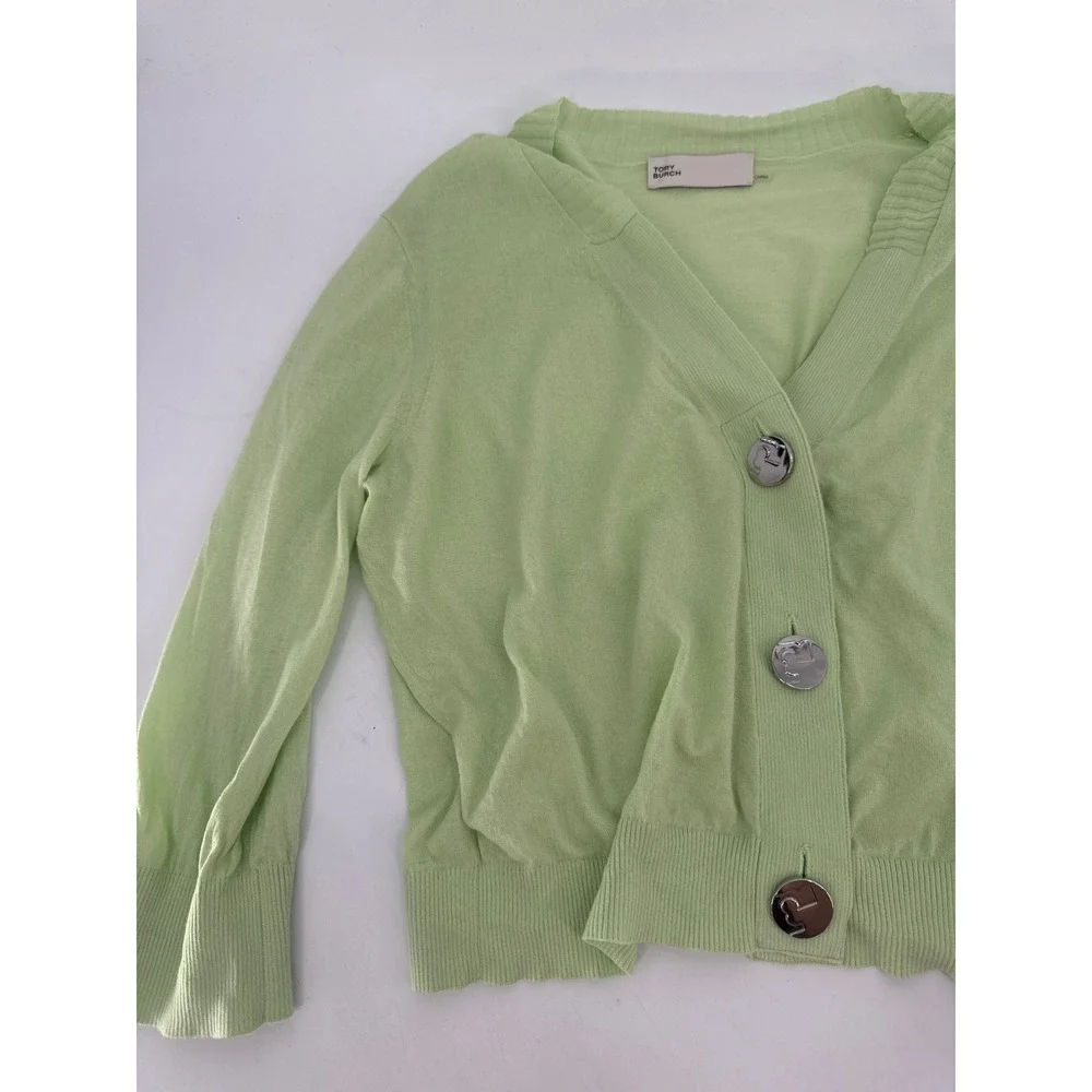 Tory Burch Cardigan Women M Lime Green Cotton Logo Button Cropped Sweater